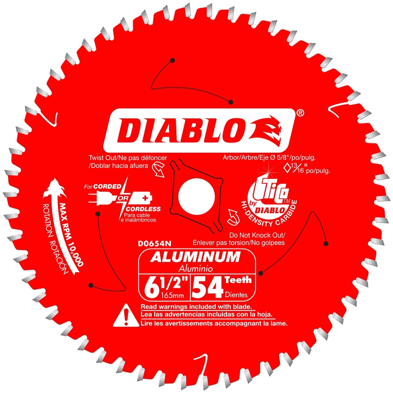 DIABLO Diablo D0654N Circular Saw Blade, 6-1/2 in Dia, 5/8 in Arbor, 54-Teeth, Carbide Cutting Edge