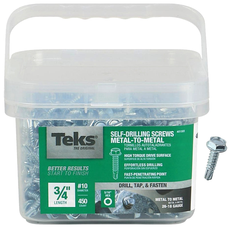 TEKS Teks 21322 Screw, #10 Thread, 3/4 in L, Hex Drive, Self-Drilling, Self-Tapping Point, Steel, Zinc, 450 PAIL HARDWARE & FARM SUPPLIES TEKS