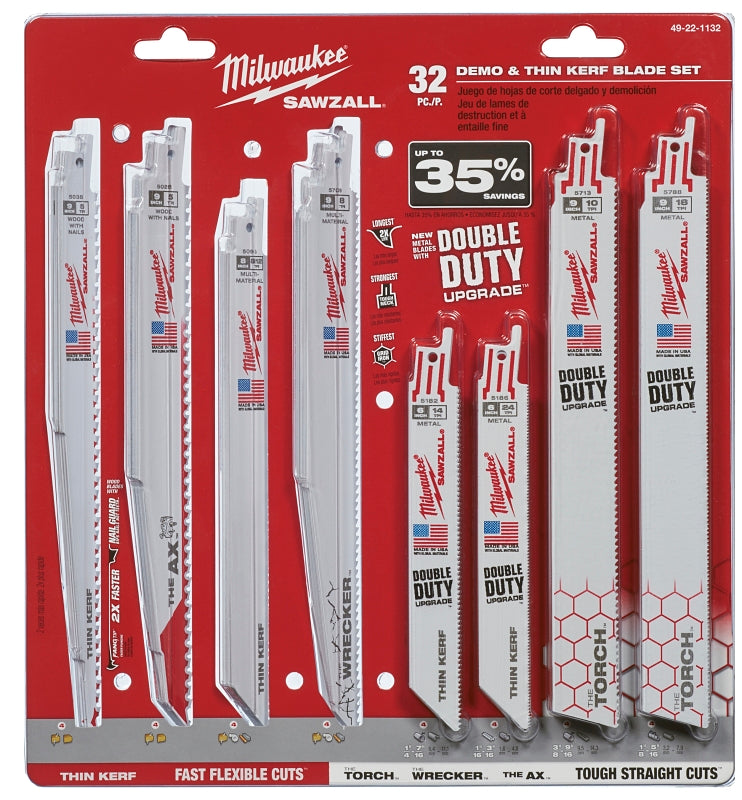 MILWAUKEE Milwaukee SAWZALL 49-22-1132 Blade Set, 32-Piece, Thin Kerf, Bi-Metal, White
