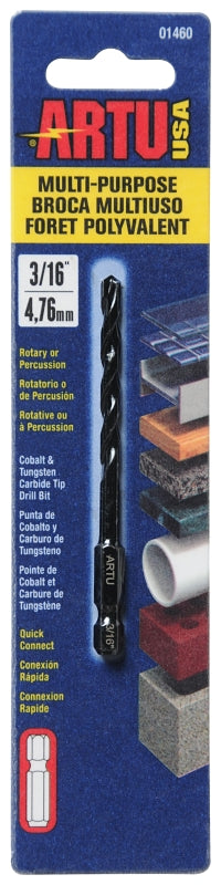 ARTU ARTU 01460 Drill Bit, 3/16 in Dia, 3-1/2 in OAL, Multi-Purpose, Parabolic Flute, Quick-Connect Shank TOOLS ARTU