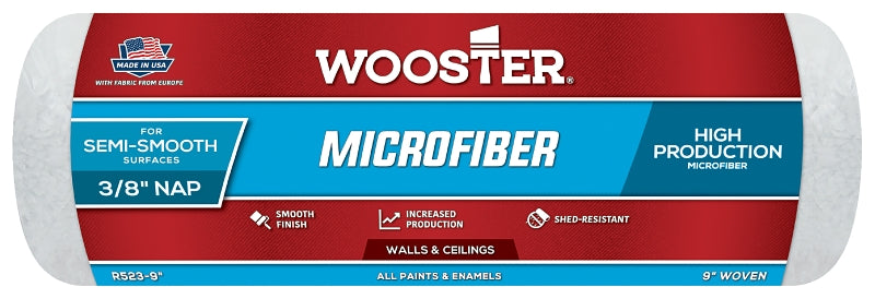WOOSTER BRUSH WOOSTER R523-9 Roller Cover, All Paints Paint, 3/8 in Thick Nap, Microfiber Cover, Green