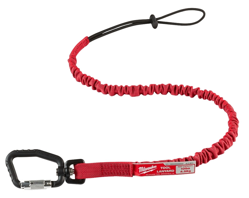 MILWAUKEE Milwaukee 48-22-8810 Locking Tool Lanyard, 36.3 in L, 10 lb Working Load, Rubber/Nylon Line, Red, Carabiner End Fitting
