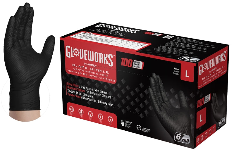 AMMEX Gloveworks GWBN46100 Heavy-Duty Disposable Gloves, L, Nitrile, Powder-Free, Black, 9-1/2 in L