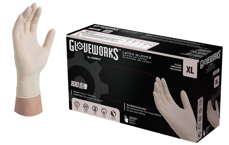 AMMEX Gloveworks TLF48100 Disposable Gloves, XL, Latex, Powder-Free, Ivory, 14.37 in L