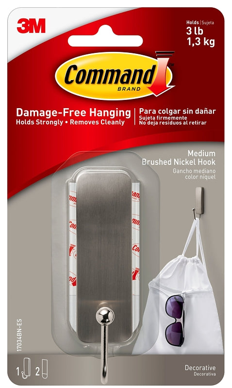 COMMAND Command 17034BN-ES Medium Decorative Hook, 1 in W, Metal/Plastic, Brushed Nickel, 3 lb HARDWARE & FARM SUPPLIES COMMAND