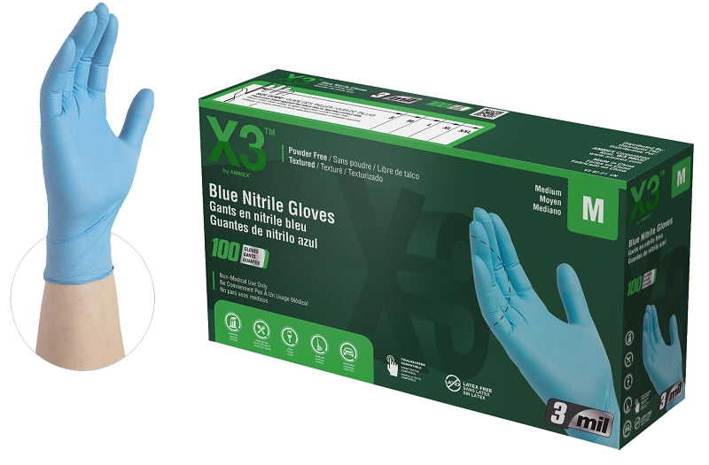 AMMEX Ammex X344100 Non-Sterile Disposable Gloves, M, Nitrile, Powder-Free, Blue