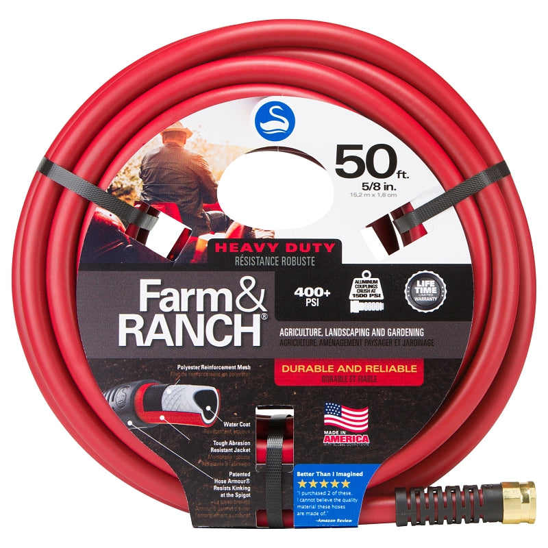 LAWN & GARDEN LLC Swan Farm&RANCH CSNFR58050 Heavy-Duty Garden Hose, 5/8 in, 50 ft L, Female x Male, Rubber, Red