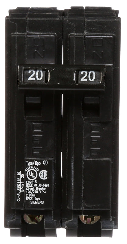 SIEMENS Siemens D220 Circuit Breaker, Low Voltage, QD, 20 A, 2 -Pole, 120/240 VAC, Plug Mounting