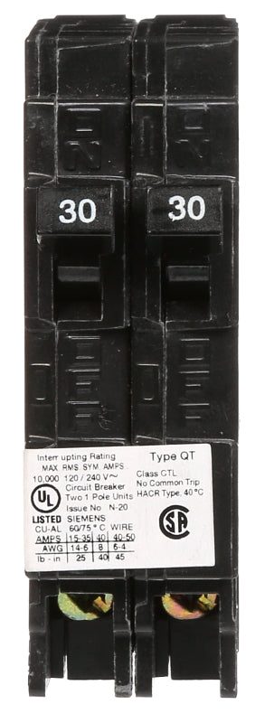 SIEMENS Siemens Q3030 Low Voltage Circuit Breaker, Type QT, 30 A, 1-Pole, 120 VAC, Plug