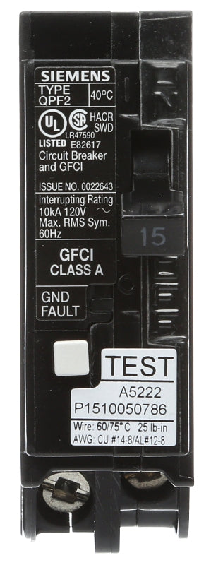 SIEMENS Siemens QF115A Circuit Breaker, GFCI, 15 A, 1-Pole, 120 V, Thermal Magnetic Trip, Plug-In Mounting