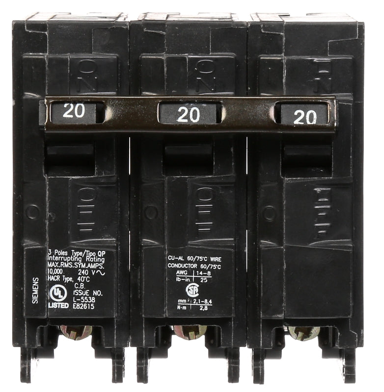 SIEMENS Siemens Q320 Circuit Breaker, Low Voltage, Mini, Standard, 20 A, 3 -Pole, 240 VAC, Common Trip, Plug Mounting ELECTRICAL SIEMENS