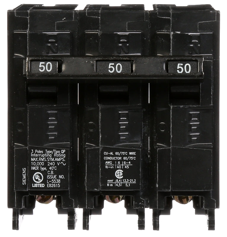 SIEMENS Siemens Q350 Circuit Breaker, Mini, 50 A, 3 -Pole, 240 VAC, Common Trip, Plug Mounting ELECTRICAL SIEMENS