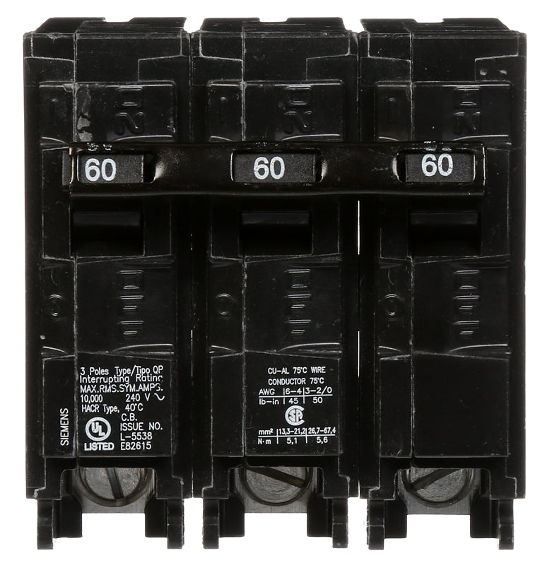 SIEMENS Siemens Q360 Circuit Breaker, Low Voltage, Mini, Standard, 60 A, 3 -Pole, 240 VAC, Common Trip, Plug Mounting