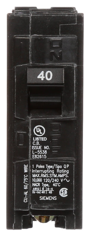 SIEMENS Siemens Q140 Circuit Breaker, Full Module, Mini, Standard, 40 A, 1 -Pole, 120 VAC, Plug Mounting