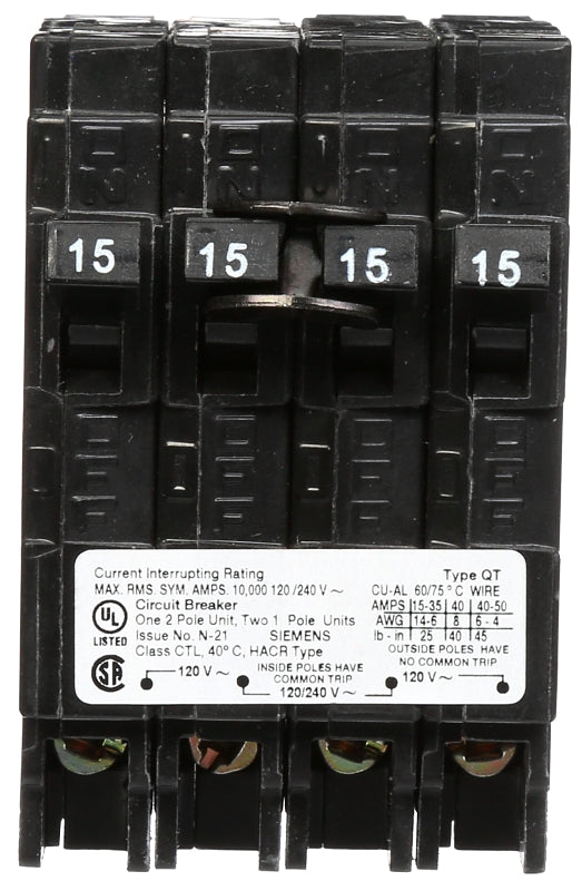 SIEMENS Siemens Q21515CT Circuit Breaker, Triplex, 15 A, 3 -Pole, 120/240 V, Plug Mounting ELECTRICAL SIEMENS