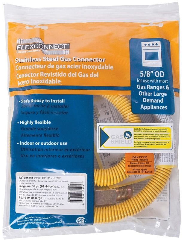 B & K INDUSTRIES B & K G012YE101048RP Gas Connector, 1/2 in, MIP x MIP, Stainless Steel, Epoxy-Coated, 48 in L, 5/8 in OD