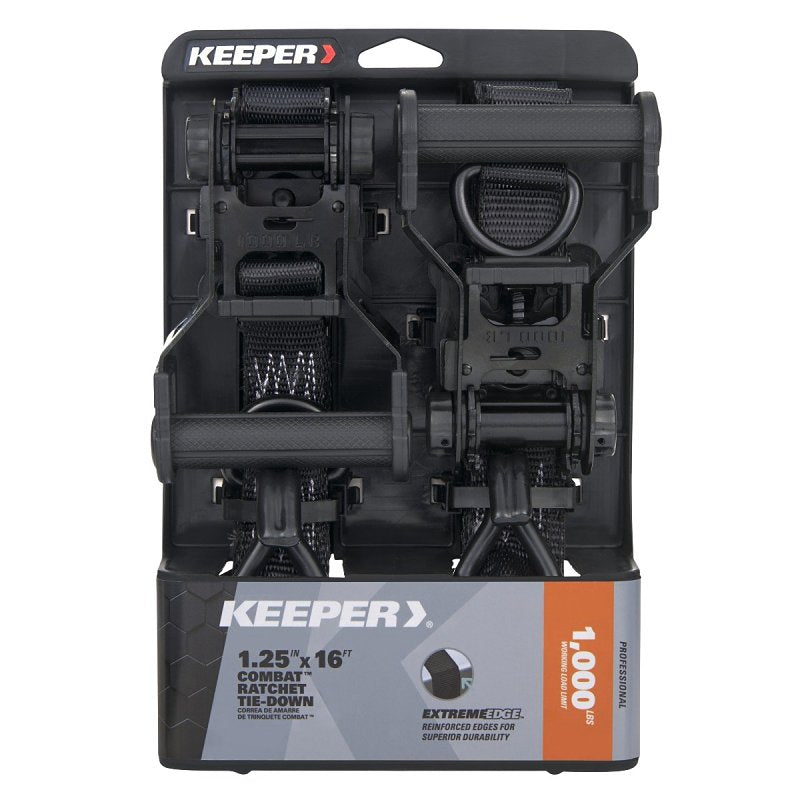 KEEPER Keeper 85450 Tie-Down, Ratchet Adjustment, 1-1/4 in W, 16 ft L, Black, 1000 lb Working Load, J-Hook End, 2/PK