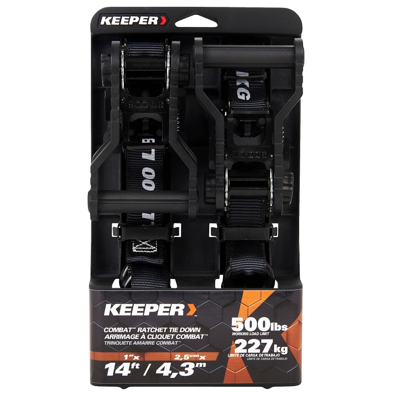 KEEPER Keeper 85454 Tie-Down, Combat Ratchet Adjustment, 1 in W, 14 ft L, Black, 500 lb Working Load, S-Hook End, 2/PK AUTOMOTIVE KEEPER