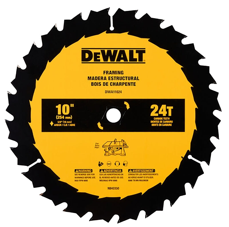DEWALT DEWALT DWA11024 General-Purpose Saw Blade, 10 in Dia, 5/8 in Arbor, 24-Teeth, Carbide Cutting Edge