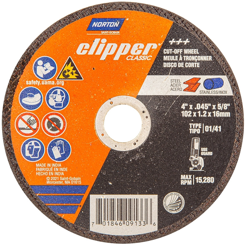 NORTON Norton Clipper Classic A AO Series 70184609133 Cut-Off Wheel, 4 in Dia, 0.045 in Thick, 5/8 in Arbor, 46 Grit, Coarse