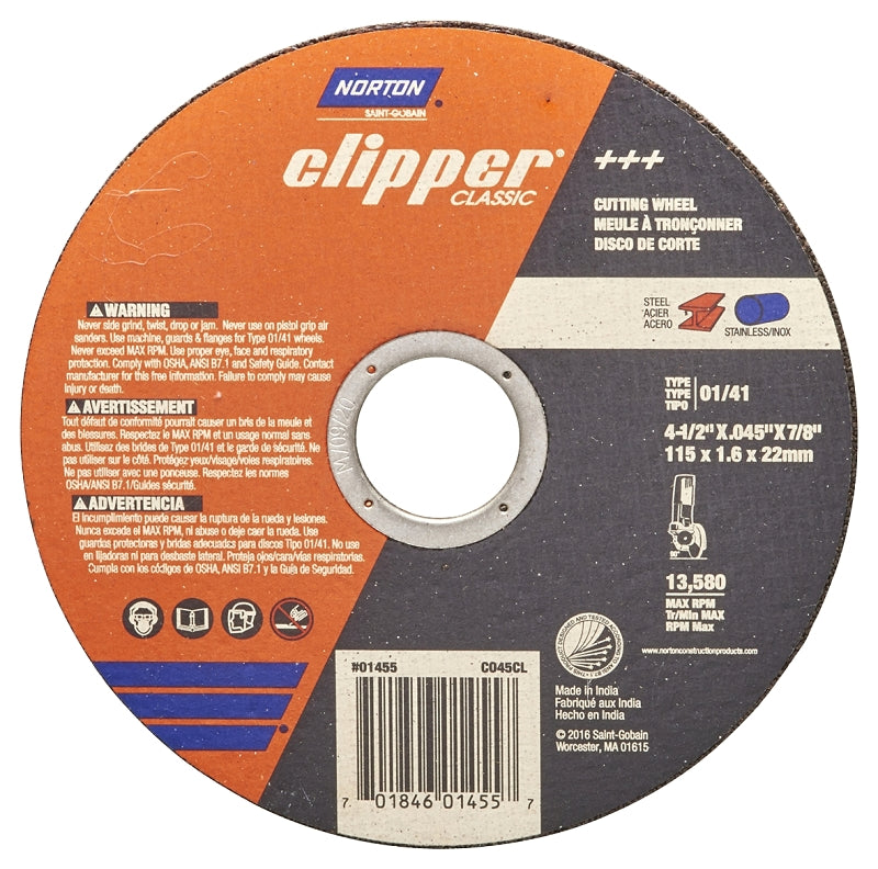 NORTON Norton Clipper Classic A AO Series 70184601455 Cut-Off Wheel, 4-1/2 in Dia, 0.045 in Thick, 7/8 in Arbor