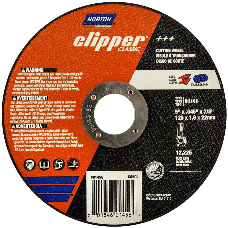 NORTON Norton Clipper Classic A AO Series 70184601456 Cut-Off Wheel, 5 in Dia, 0.045 in Thick, 7/8 in Arbor