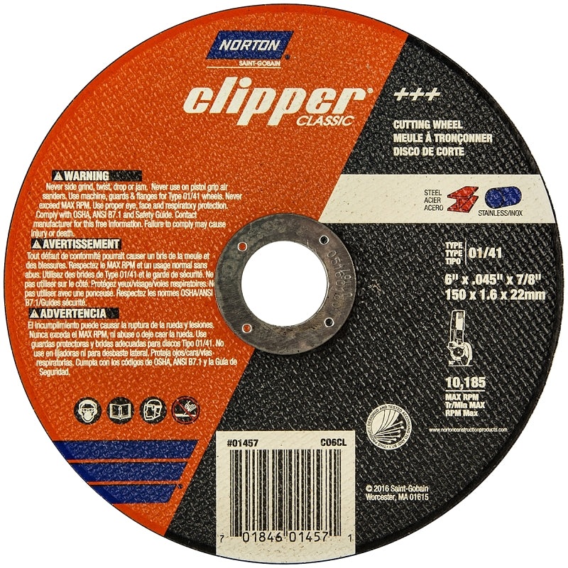 NORTON Norton Clipper Classic A AO Series 70184601457 Cut-Off Wheel, 6 in Dia, 0.045 in Thick, 7/8 in Arbor