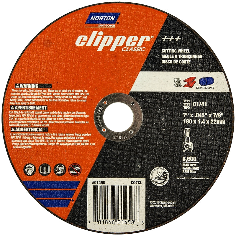 NORTON Norton Clipper Classic A AO Series 70184601458 Cut-Off Wheel, 7 in Dia, 0.045 in Thick, 7/8 in Arbor TOOLS NORTON