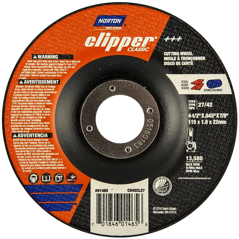 NORTON Norton Clipper Classic A AO Series 70184601465 Cut-Off Wheel, 4-1/2 in Dia, 0.045 in Thick, 7/8 in Arbor, 1/EA TOOLS NORTON