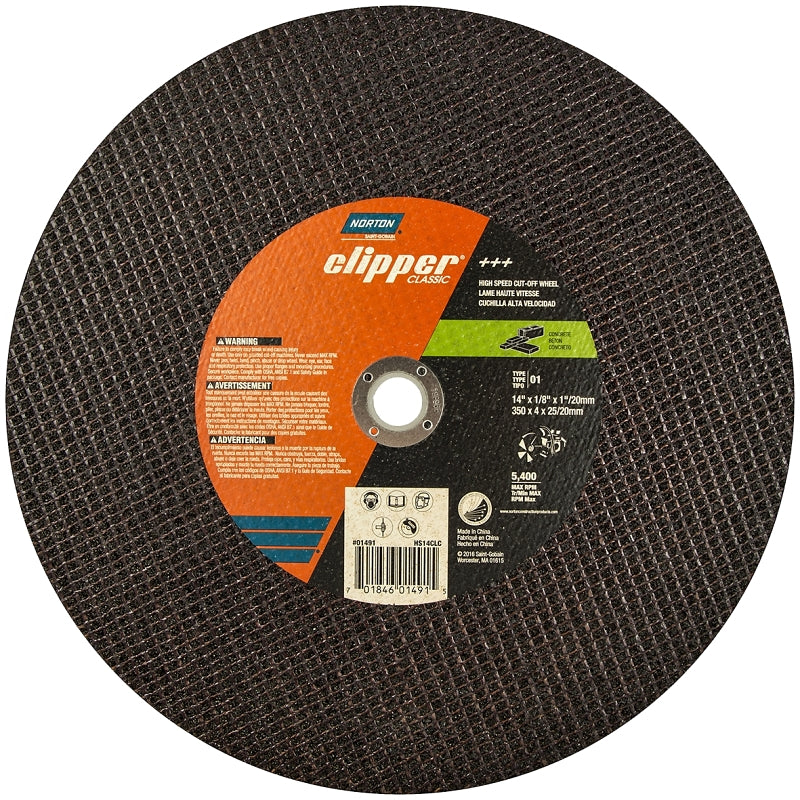 NORTON Norton Clipper Classic 70184601491 Cut-Off Wheel, 14 in Dia, 1/8 in Thick, 1 in Arbor, 24 Grit, Extra Coarse TOOLS NORTON