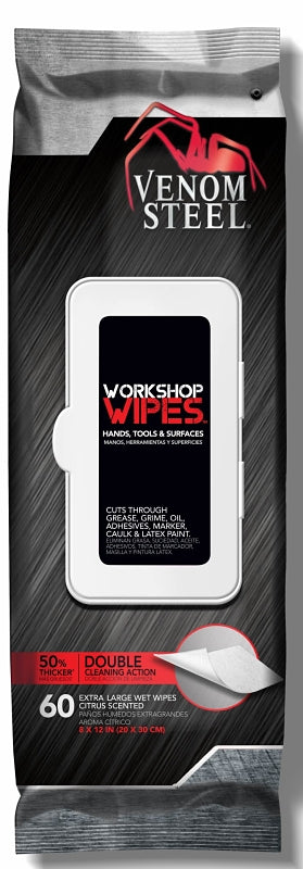 VENOM STEEL Venom Steel VENWP60 Workshop Wipe with Scrubbing Beads, 8 in L, 12 in W, Citrus