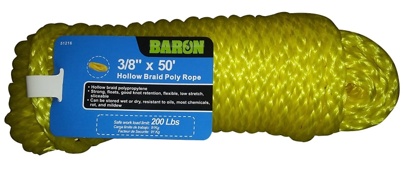 BARON Baron 51216 Rope, 3/8 in Dia, 50 ft L, 200 lb Working Load, Polypropylene, Yellow