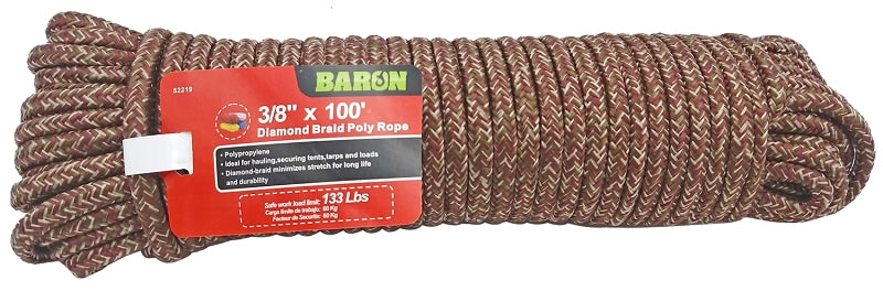 BARON Baron 52219 Rope, 3/8 in Dia, 100 ft L, 133 lb Working Load, Polypropylene, Camo
