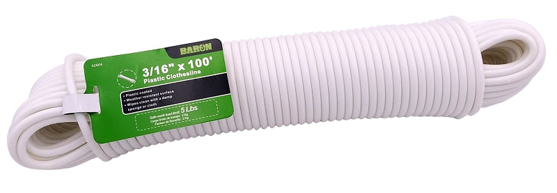 BARON Baron 52604 Clothesline, 3/16 in, 100 ft L, Plastic, White