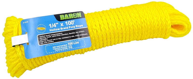 BARON Baron 61806 Rope, 1/4 in Dia, 100 ft L, #8, 100 lb Working Load, Polypropylene, Yellow