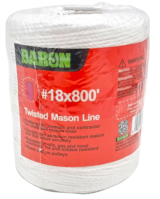 BARON Baron 70817 Twisted Mason Line, #18 Dia, 800 ft L, 13 lb Working Load, Polyester, White