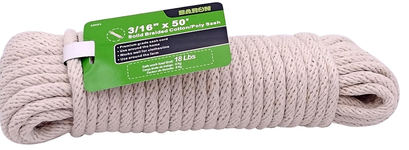 BARON Baron 52603 Clothesline, 3/16 in, 50 ft L, Poly, White