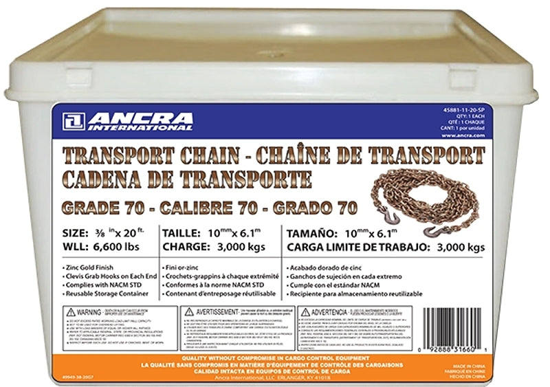 ANCRA/S-LINE S-Line 45881-11-20-SP Transport Chain, 3/8 in W, 20 ft L, Carbon Steel, 6600 lb, Clevis Hook End Fitting AUTOMOTIVE ANCRA/S-LINE