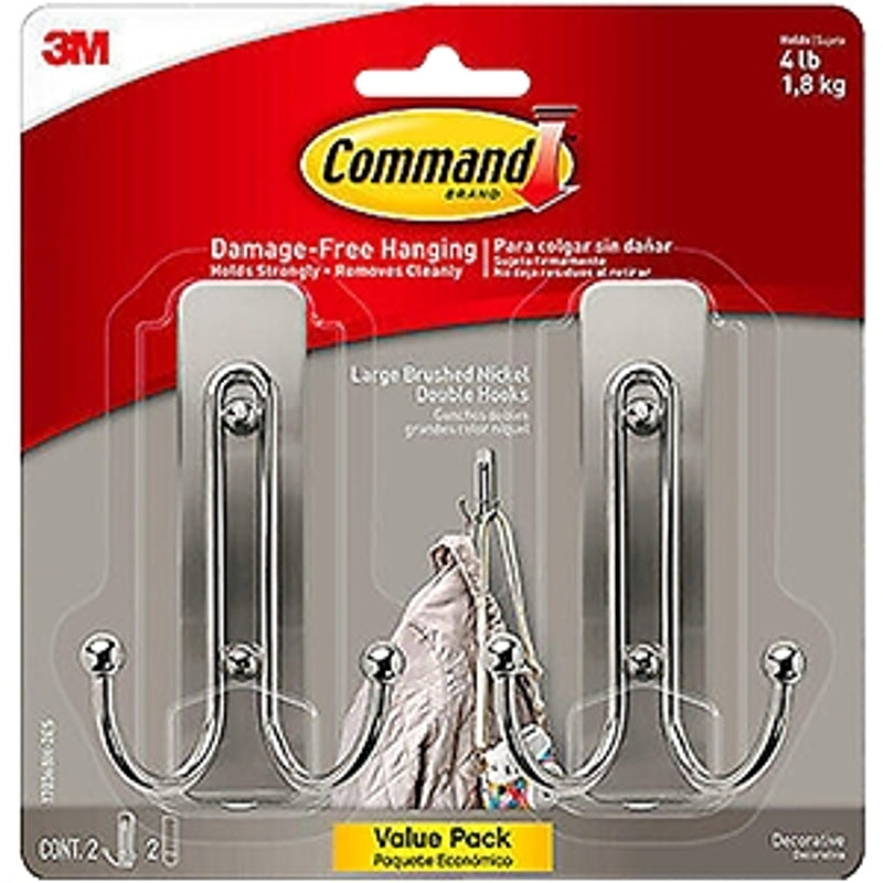 COMMAND Command 17036BN-2ES Large Decorative Hook, 4 lb, 2-Hook, Metal/Plastic, Brushed Nickel ELECTRICAL COMMAND