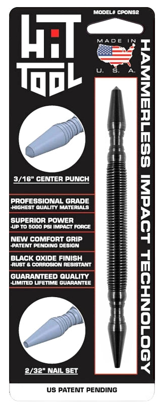 HIT TOOL Hit Tool CP0NS2 Center Punch and Nail Set, 3/16, 2/32 in Tip, 7 in L, Steel, Black-Oxide TOOLS HIT TOOL