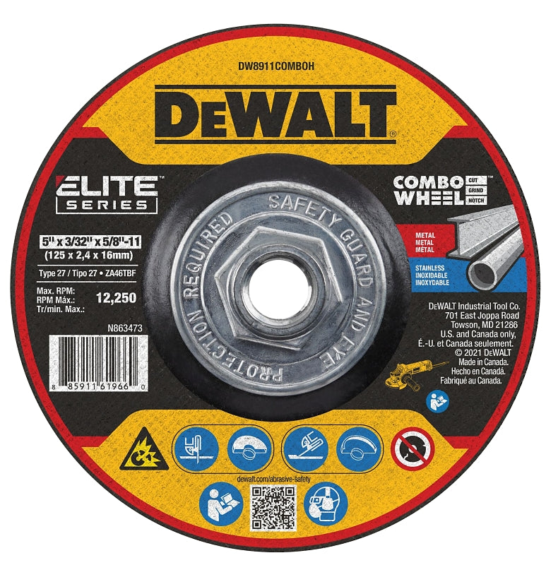 DEWALT DEWALT ELITE Series DW8911COMBOH Cutting Wheel, 5 in Dia, 0.093 in Thick, 5/8-11 Arbor, 24 Grit, Ceramic Abrasive TOOLS DEWALT