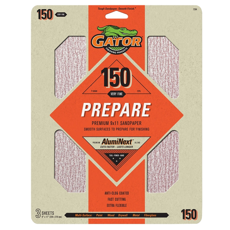GATOR Gator 7264 Premium Sandpaper, 9 in W, 11 in L, 150 Grit, Medium, Latex Backing
