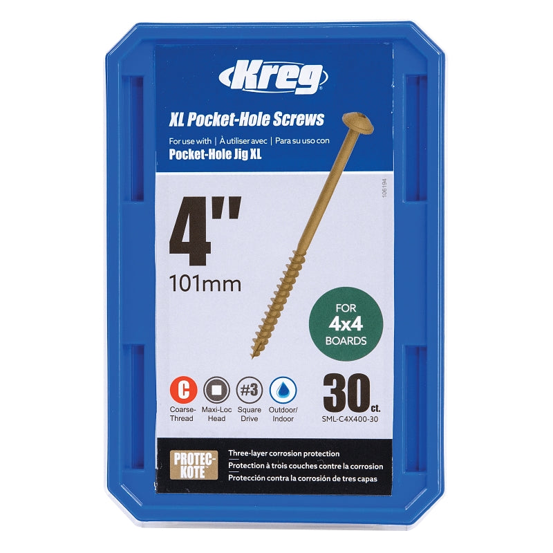 KREG Kreg SML-C4X400-30 XL Pocket Hole Screw, #14 Thread, 4 in L, Coarse Thread, Maxi-Loc Head, Square Drive, Type 17 Point TOOLS KREG