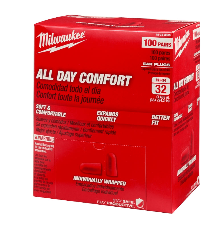 MILWAUKEE Milwaukee 48-73-3006 Ear Plugs, 32 dB NRR, Tapered, Foam Ear Plug, Red Ear Plug, 100/PK