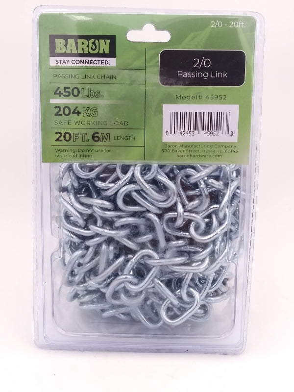 BARON Baron 45952 Passing Link Chain, 2/0, 20 ft L, 450 lb Working Load, Low Carbon Steel, Electro Galvanized/Zinc Plated