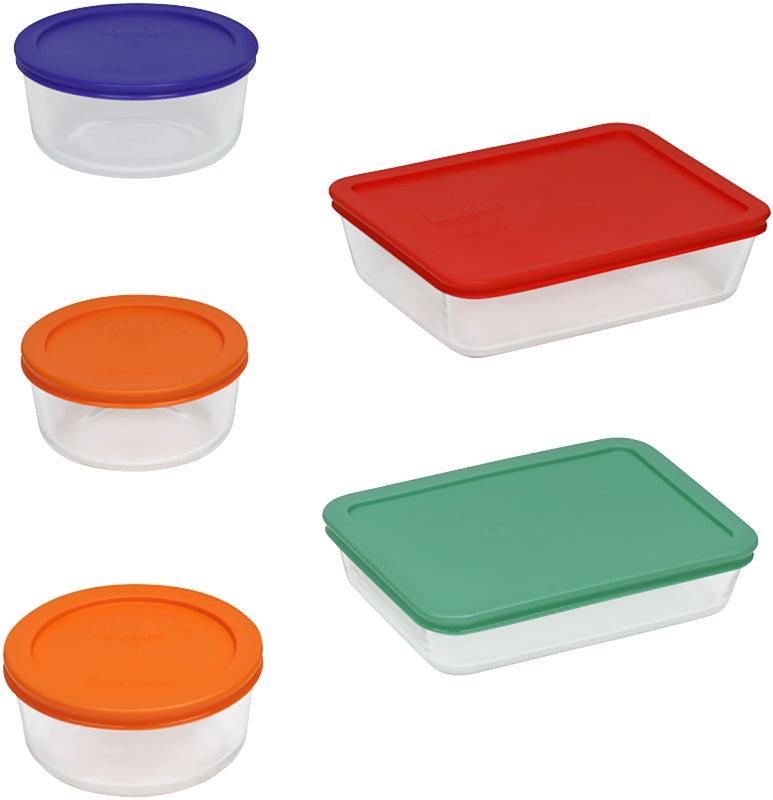 PYREX Pyrex 1091198 Series Food Storage Container Set, Rectangular, Round, Blue/Green/Orange/Red, Glass, Clear