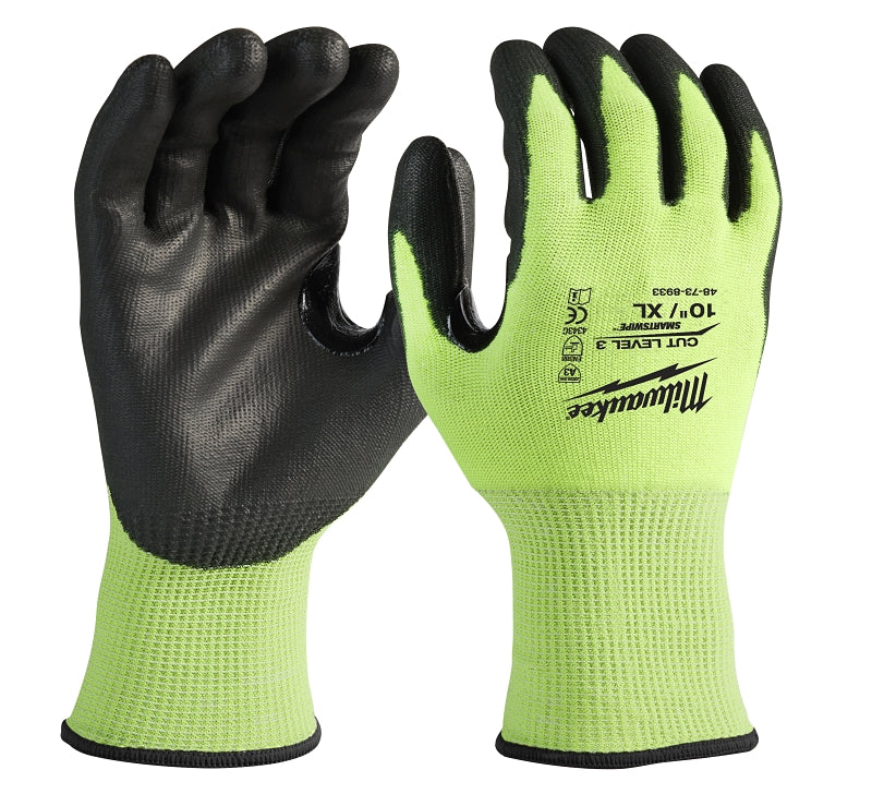 MILWAUKEE Milwaukee 48-73-8933 High-Visibility Cut Level 3 Gloves, Unisex, XL, Elasticated Knit Cuff, Nitrile Coating, Yellow