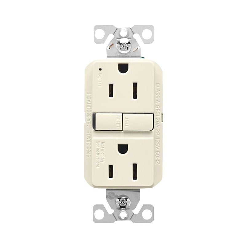 COOPER WIRING Eaton GF15LA Self-Test GFCI Receptacle, 125 V, 15 A, NEMA: NEMA 5-15R, Back, Side Wiring, Light Almond ELECTRICAL COOPER WIRING