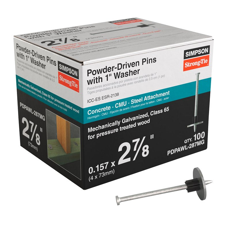 SIMPSON STRONG-TIE Simpson Strong-Tie PDPAWL PDPAWL-287MG Powder Driven Pin with 1 in Washer, 0.157 in Dia Shank, 2-7/8 in L
