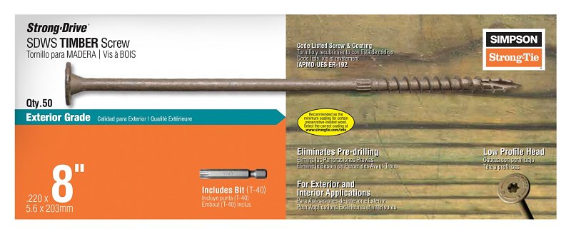 SIMPSON STRONG-TIE Simpson Strong-Tie Strong-Drive SDWS SDWS22800DB-R50 Timber Screw, 8 in L, Serrated Thread, Washer Head, Steel, Tan HARDWARE & FARM SUPPLIES SIMPSON STRONG-TIE